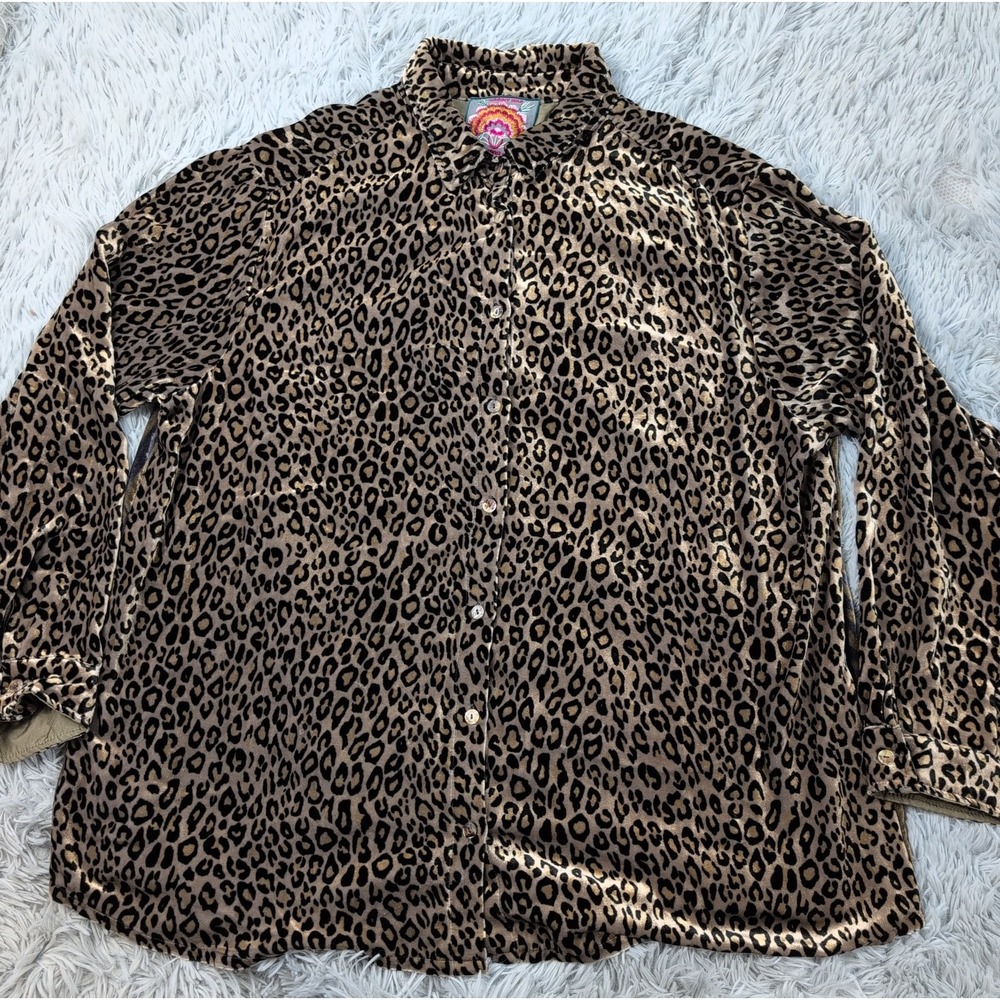 Johnny Was Shirt Womens XL Velvet Silk Blend Button Up Animal Print Soft